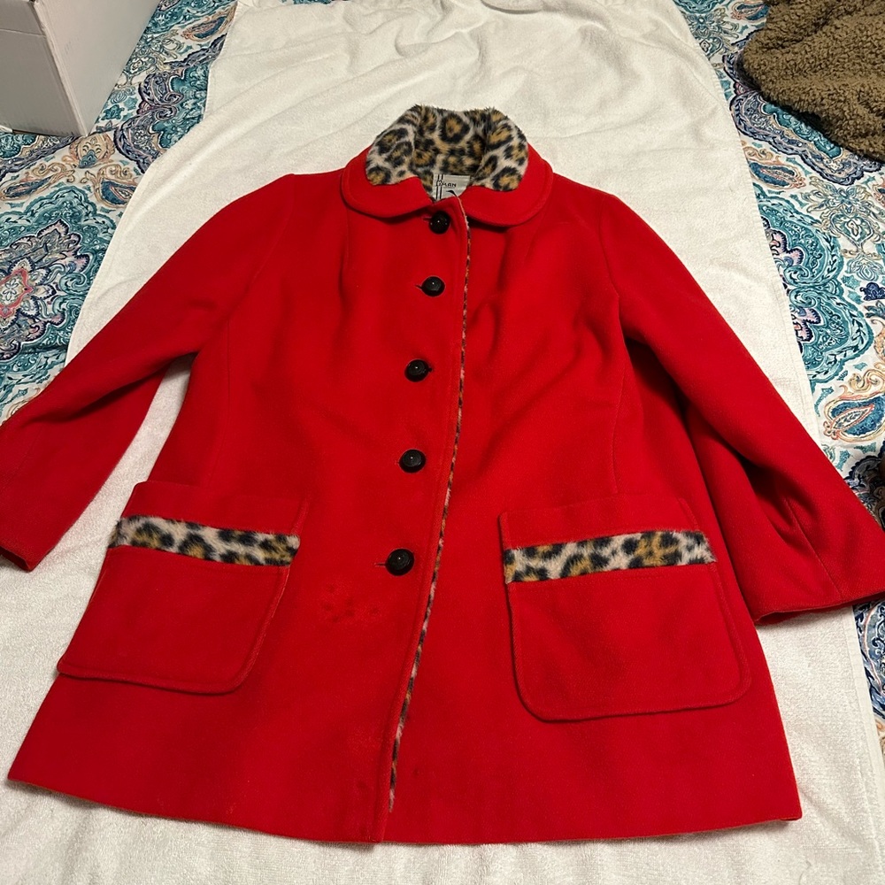 Vintage Red Wool Coat With Leopard Lining